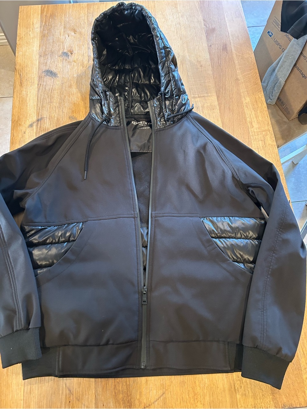 Kenneth Cole Black Men's Hooded Hybrid Puffer Jacket